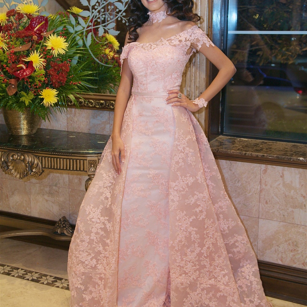 Pink off the shoulder lace evening gown